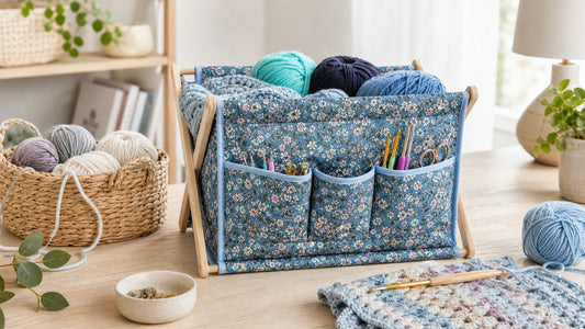 A Woolique yarn storage bag beside a woven basket in a calm Australian craft corner