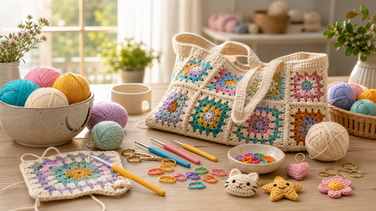 Woolique Crafts Studio cozy crochet table with yarn, hooks and granny square tote