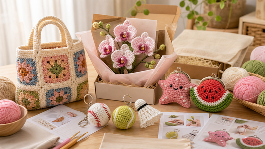Woolique crochet kits editorial cover with granny square tote, keychain charms, coin purses and orchid bouquet