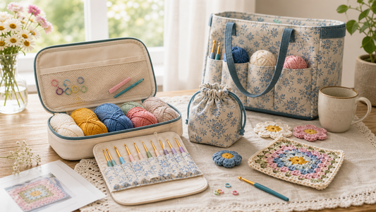 Beginner crochet kit setup with colorful yarn, hooks, stitch markers, and floral yarn storage tote