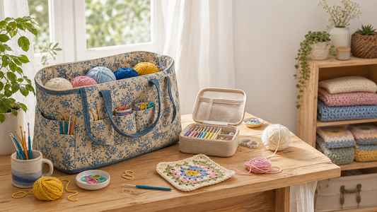 Cozy home crochet corner with floral yarn storage bag, yarn, crochet hooks, and granny square project