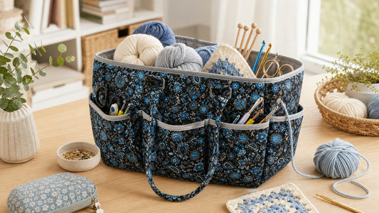 A Woolique yarn storage tote packed with yarn and crochet tools in a calm Australian craft corner