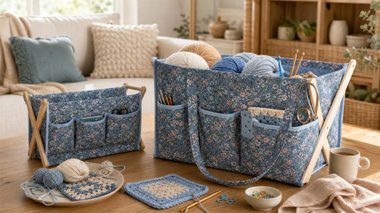 Yarn storage bags arranged on a calm Australian craft table with yarn and crochet tools