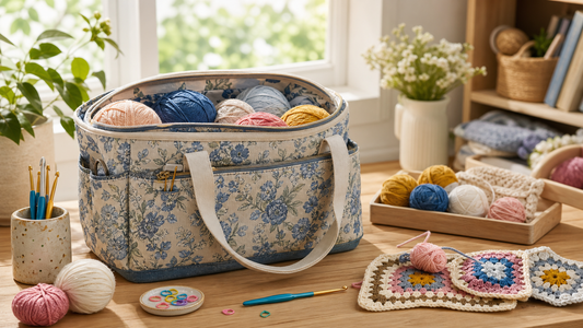 Original lifestyle cover image of a floral yarn storage bag with crochet yarn, hooks, and granny squares on a craft table