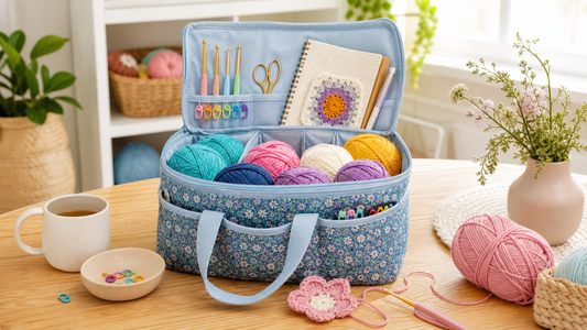 Organized Woolique yarn storage bag with colorful yarn and crochet tools