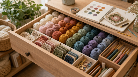 Organized yarn color drawer with crochet swatches and hooks