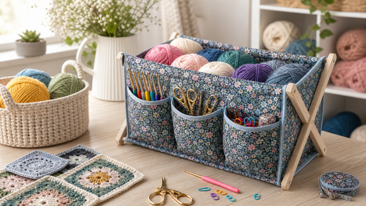 Organized floral yarn storage bag with crochet supplies