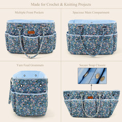 Blue floral yarn tote showing front and back pockets, yarn-feed grommets and snap closure