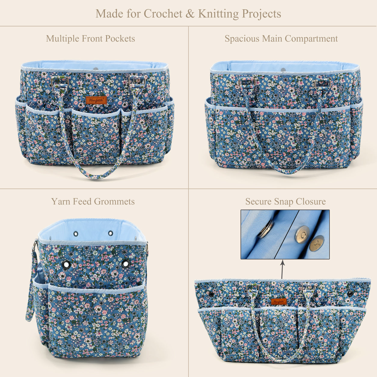 Blue floral yarn tote showing front and back pockets, yarn-feed grommets and snap closure