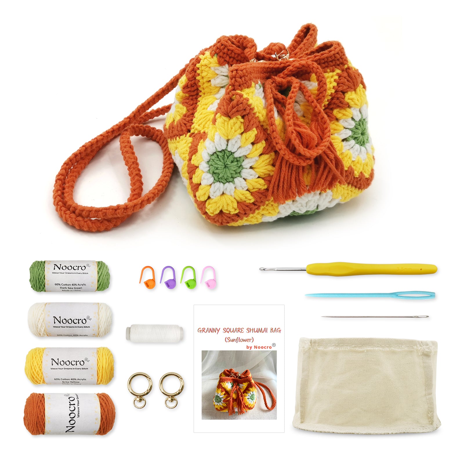 Granny square crochet kit product view 6 for Sunflower Granny Square Crochet Bag Kit, with Woolique craft details