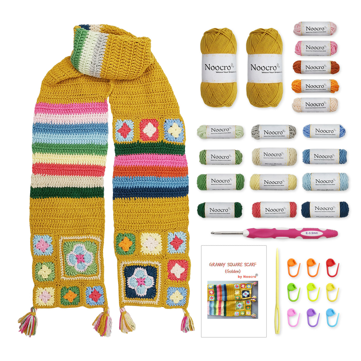 Golden Granny Square Scarf Crochet Kit with yarn bundles, crochet hook, markers, needle, and instruction booklet included