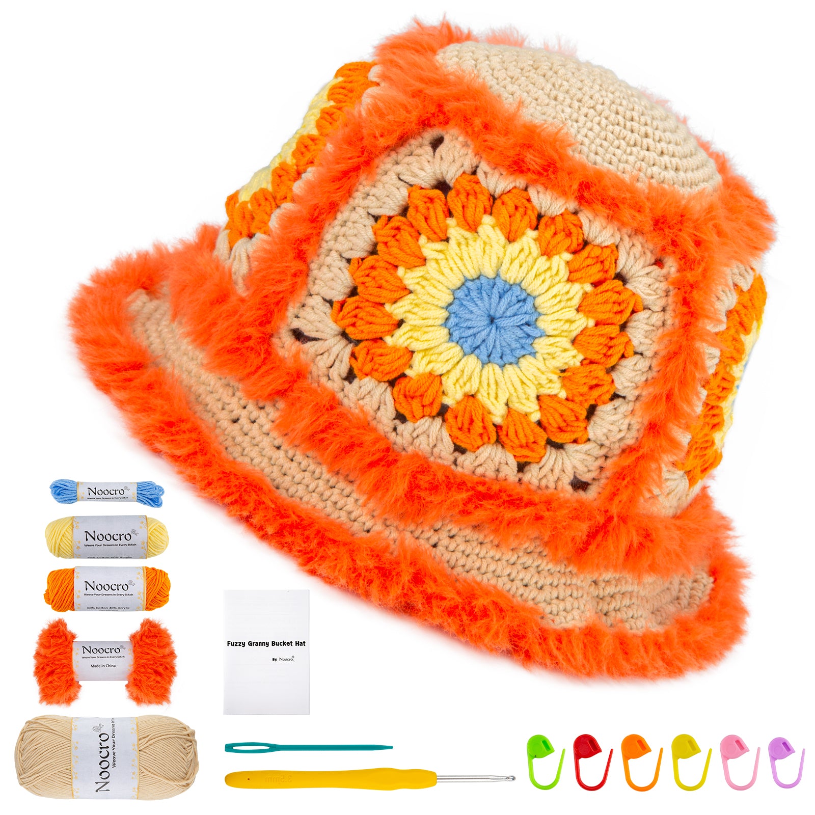 Orange and beige fuzzy granny square bucket hat DIY crochet kit with yarn and tools