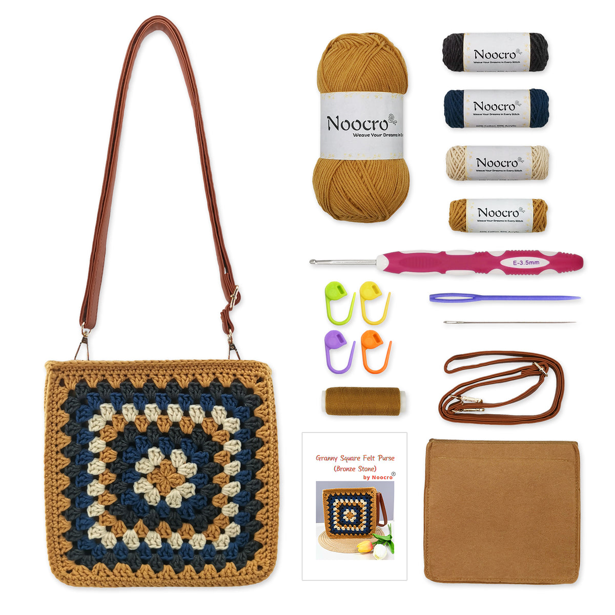 Crochet Kit Granny Square Crochet Bag Kit – DIY Felt Purse with Hook, Wool Yarn, Markers, Guide & Video – for Intermediate or Ambitious Beginners