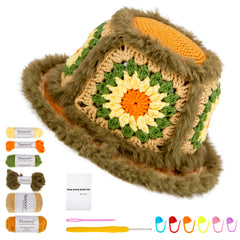 Olive green and yellow sunflower granny square bucket hat DIY crochet kit