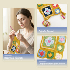 Woman crocheting a golden granny square scarf and close-up details of the colorful squares and tassels