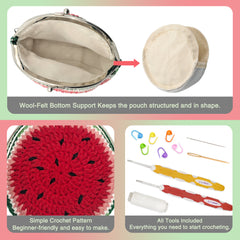 Watermelon Crochet Coin Purse Kit with Metal Kiss Clasp – DIY Crochet Bag for Beginners, Complete Kit with Video Tutorial and Detailed Instructions
