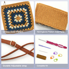 Crochet Kit Granny Square Crochet Bag Kit – DIY Felt Purse with Hook, Wool Yarn, Markers, Guide & Video – for Intermediate or Ambitious Beginners