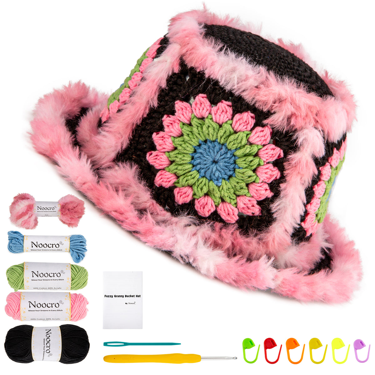 pink and black fuzzy granny square bucket hat DIY crochet kit with yarn and tools