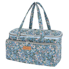 Blue floral knitting project bag with handle and front pocket