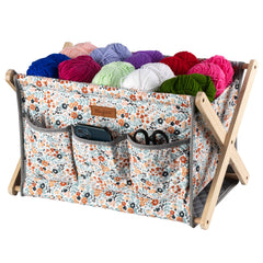 Woolique craft storage box, multi-colored floral print with multiple pockets, wooden frame