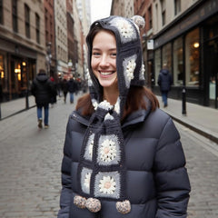 Kit for Pom-Pom Granny Square Scarf Hood, DIY Yarn Kit, Detailed Instructions, Step by Step Video Tutorial, Beginner-Friendly, Intermediate Crocheter Craft Set