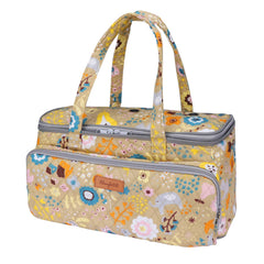 woolique knitting project bag, beige quilted with colorful floral and elephant prints