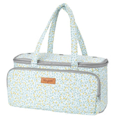 woolique knitting project bag, light blue quilted with small yellow floral prints