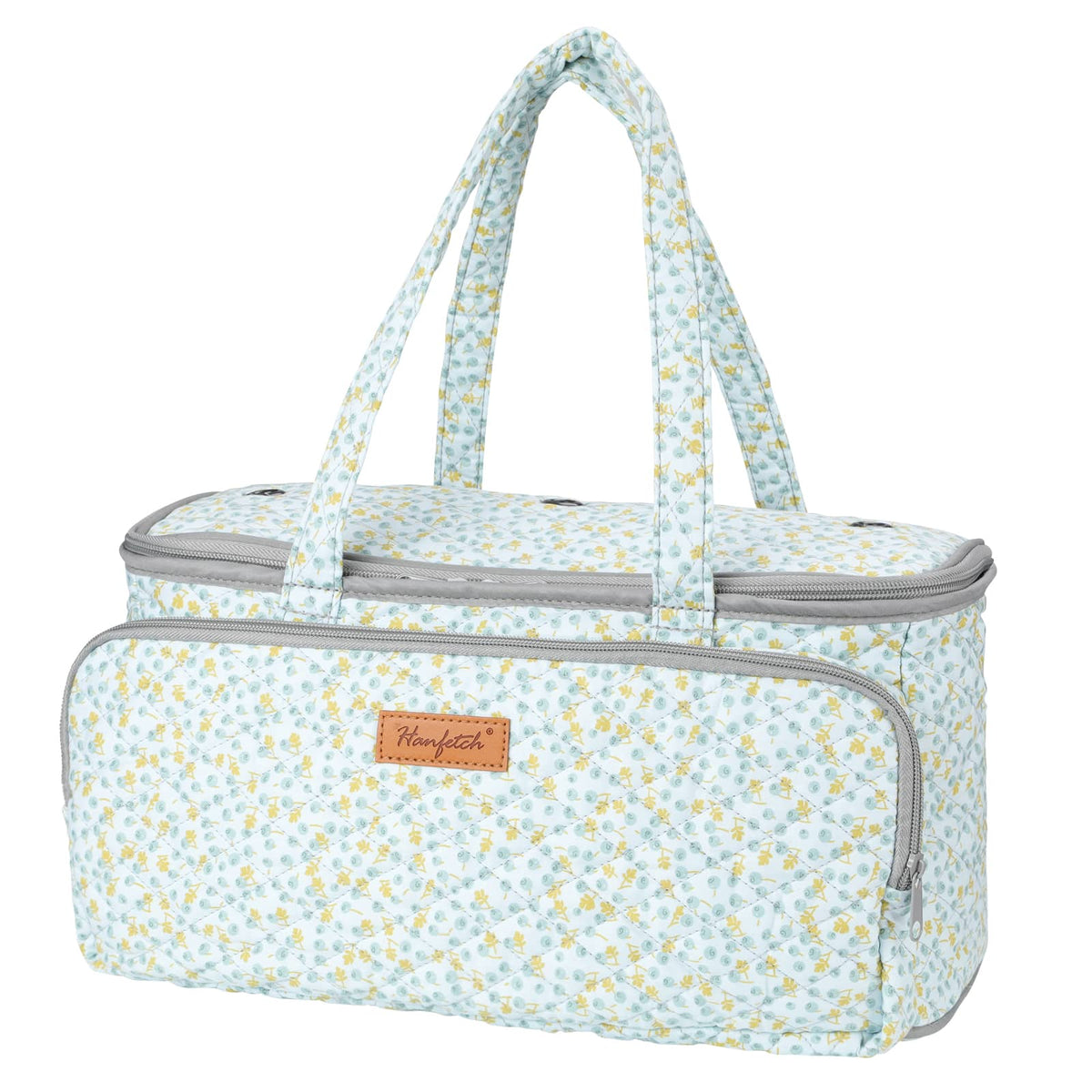 woolique knitting project bag, light blue quilted with small yellow floral prints