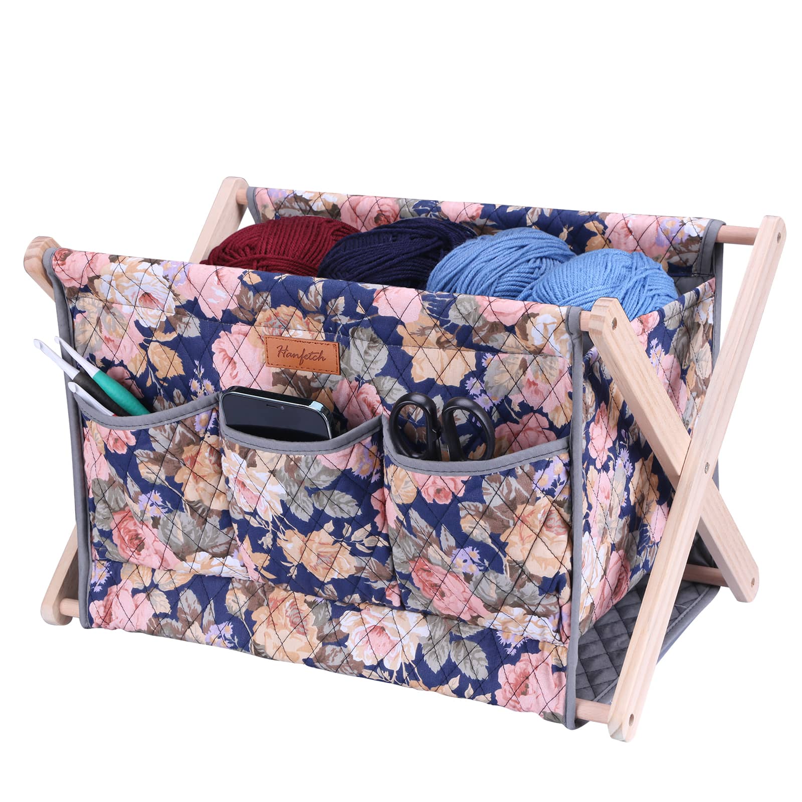 Woolique craft storage box, navy with pink and beige floral print
