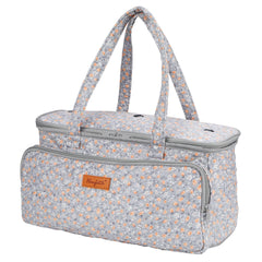 Woolique knitting project bag, grey with orange floral print multi-pocket knitting organizer