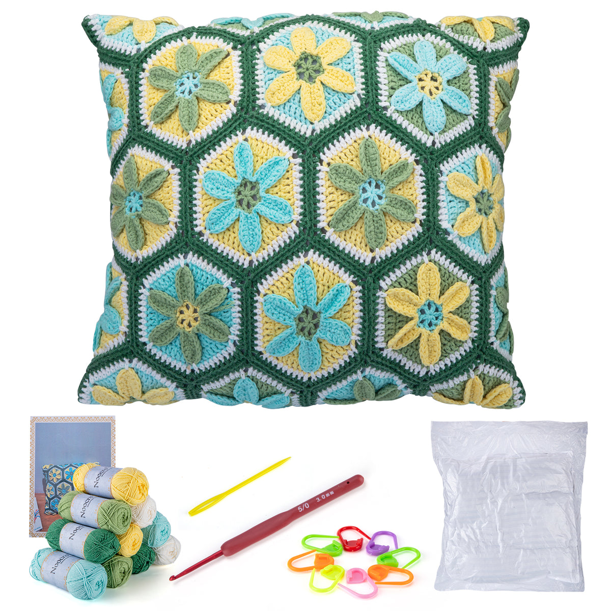 Kit for Advanced or Intermediate Beginner DIY Granny Square Pillow with Step by Step Tutorial Video and Detailed Instruction Complete Kit Craft Supplies Holiday Gift for Adults and Kids