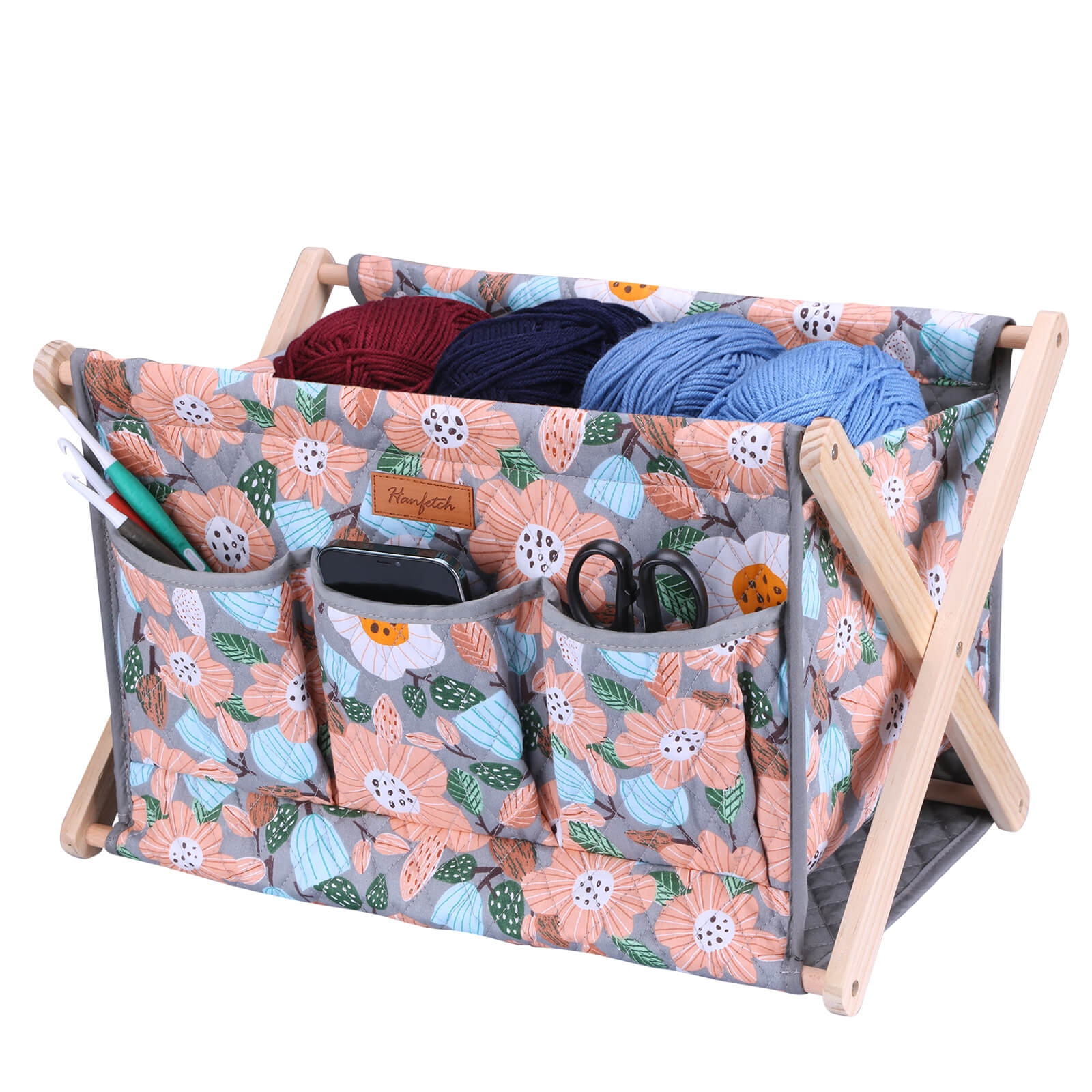 Woolique craft storage box, grey with peach and teal floral print