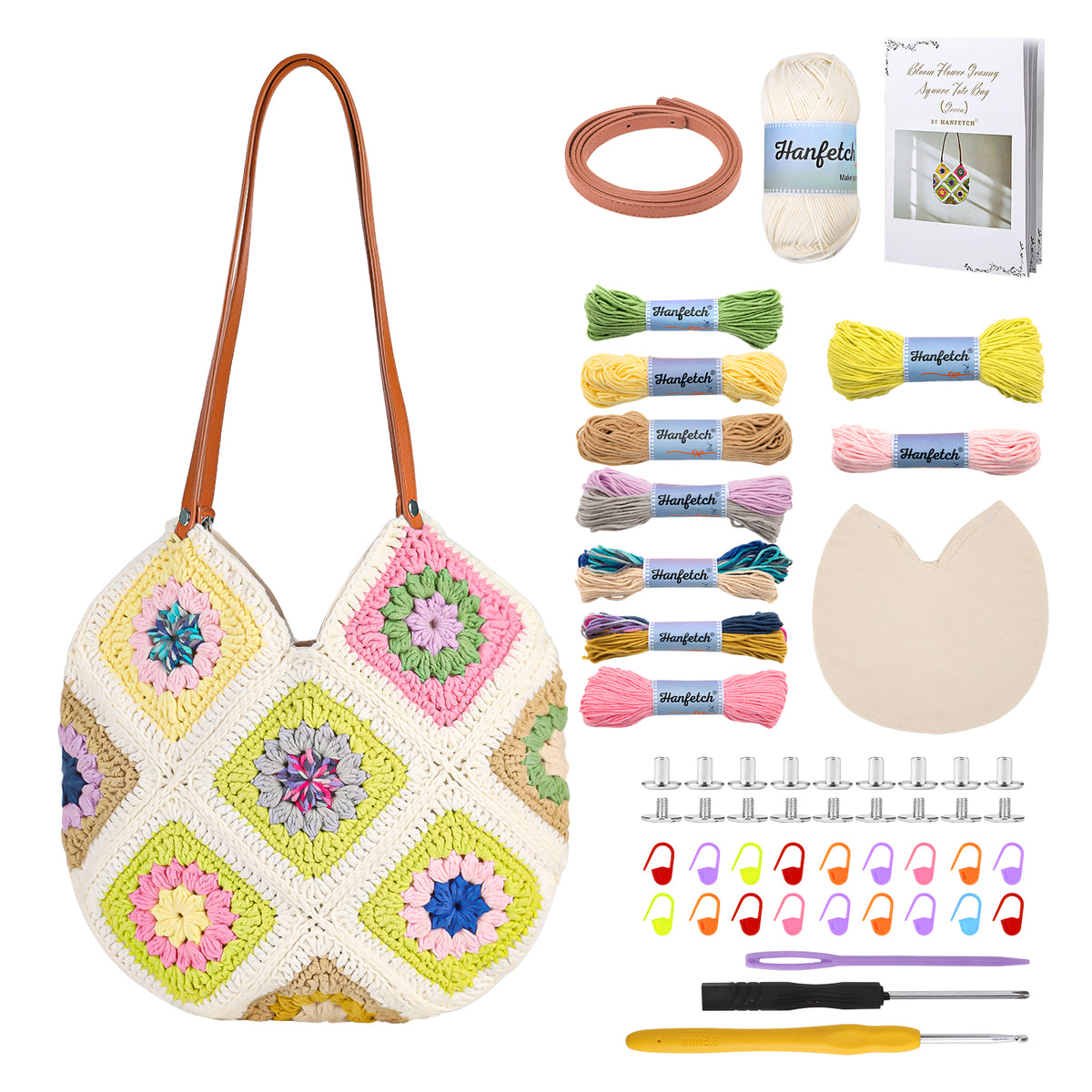 Woolique Studio Granny Square Tote Bag Crochet Kit - Beginner Friendly DIY Shoulder Bag, Video Tutorials