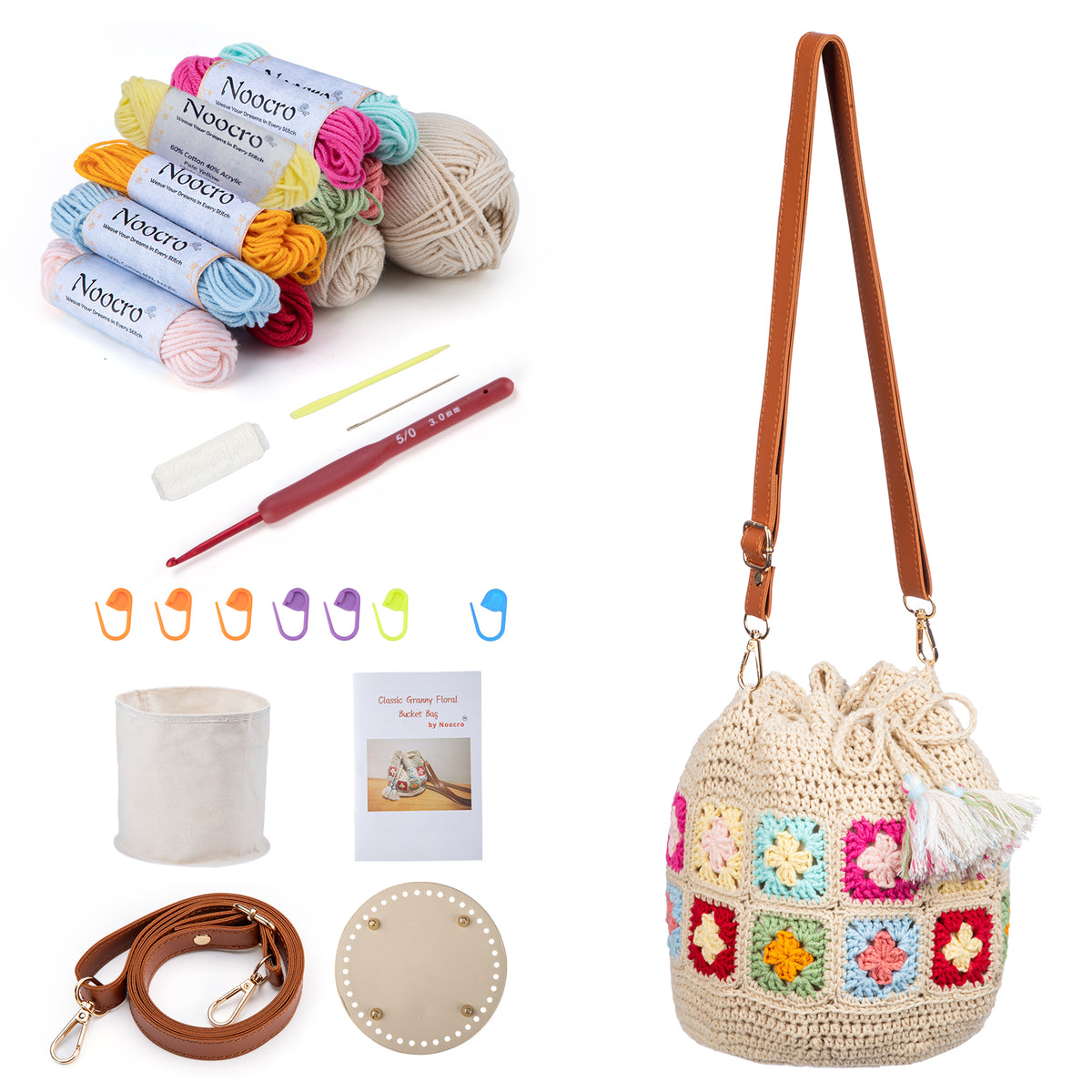 Kit for Advanced or Intermediate Beginner DIY Granny Square Bucket Bag, Purse, with Step by Step Tutorial Video and Detailed Instruction Complete Kit Craft Supplies Holiday Gift