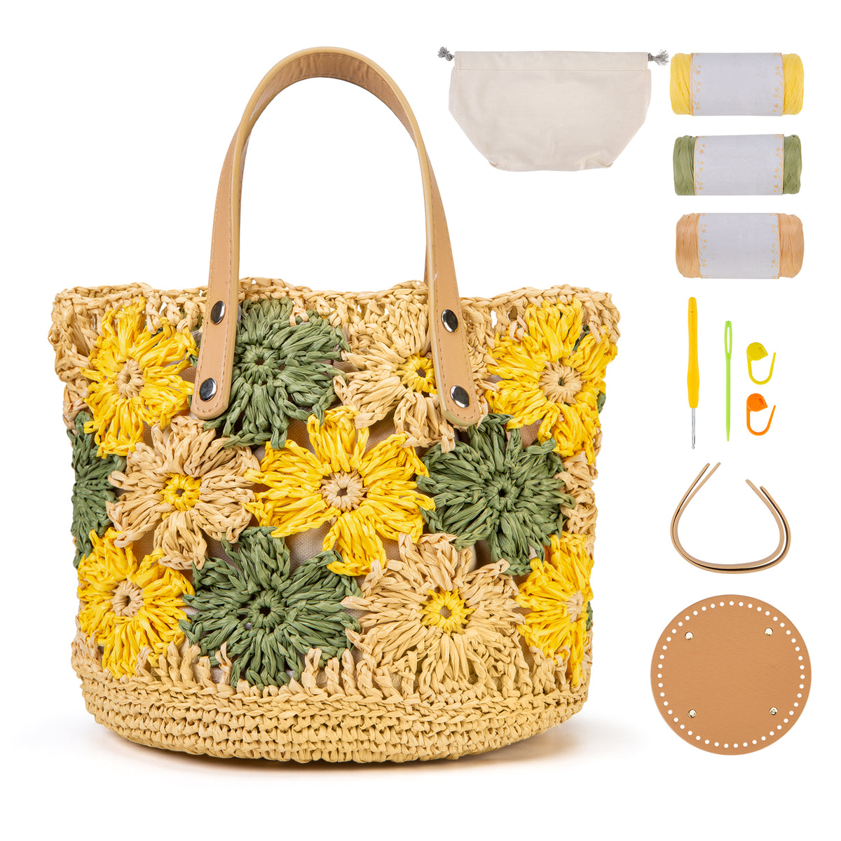 Kit for Intermediate or Advanced Level, Floral Raffia Bucket Bag, Purse, Step by Step Video Tutorial, Detailed Instruction Complete Kit Craft Supplies Holiday Gift