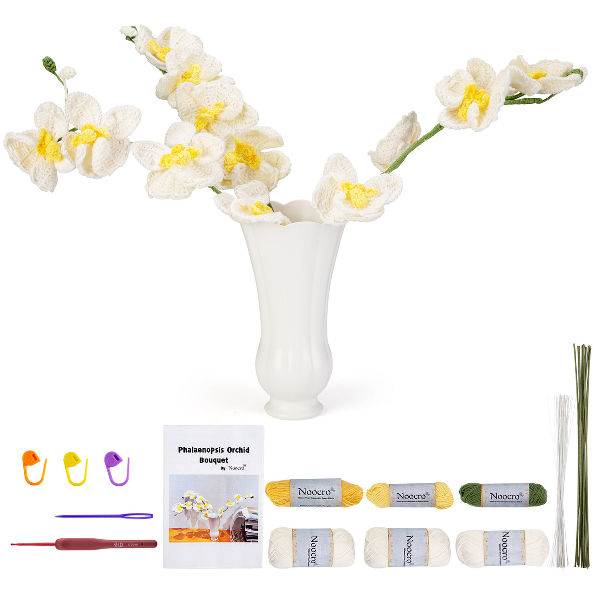Complete DIY crochet kit for white orchid bouquet, including yarn, hook, floral wires, and pattern booklet
