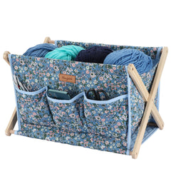 Woolique craft storage box, blue floral print multi-pocket yarn & knitting tool organizer