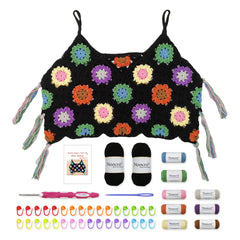 Granny Square Crochet Tank Top Kit – DIY Yarn Kit with Hook, Stitch Markers, Detailed Guide & Video Tutorial – for Intermediate or Ambitious Beginners