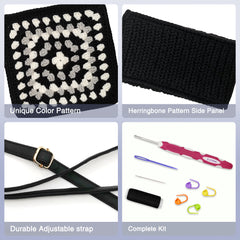 Crochet Kit Granny Square Crochet Bag Kit – DIY Felt Purse with Hook, Wool Yarn, Markers, Guide & Video – for Intermediate or Ambitious Beginners