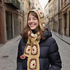 Kit for Pom-Pom Granny Square Scarf Hood, DIY Yarn Kit, Detailed Instructions, Step by Step Video Tutorial, Beginner-Friendly, Intermediate Crocheter Craft Set