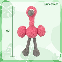 Finished pink flamingo amigurumi plush from crochet kit, measuring 15 inches tall