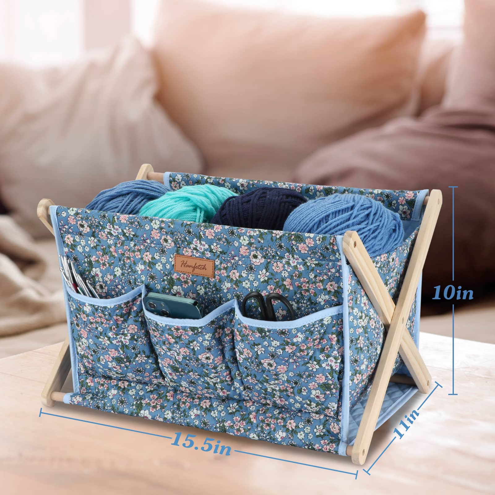 Woolique blue floral-patterned craft organizer with wooden frame, dimensions 15.5x11x10in
