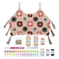 Granny Square Crochet Tank Top Kit – DIY Yarn Kit with Hook, Stitch Markers, Detailed Guide & Video Tutorial – for Intermediate or Ambitious Beginners