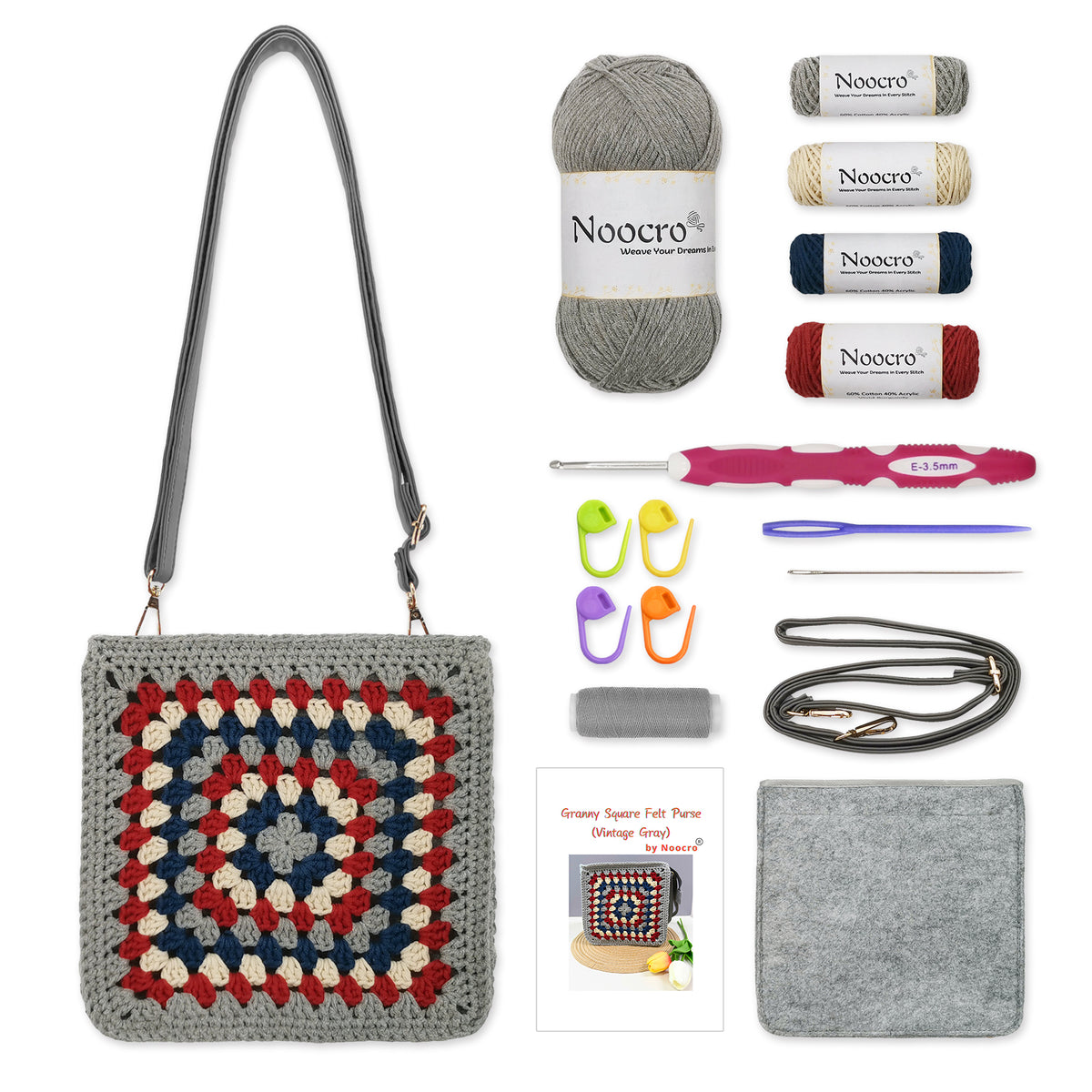 Granny square crochet kit product photo for Granny Square Felt Purse Crochet Kit, with Woolique craft details