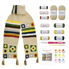 Creamy Granny Square Scarf Crochet Kit with yarn bundles, crochet hook, markers, needle, and instruction booklet included