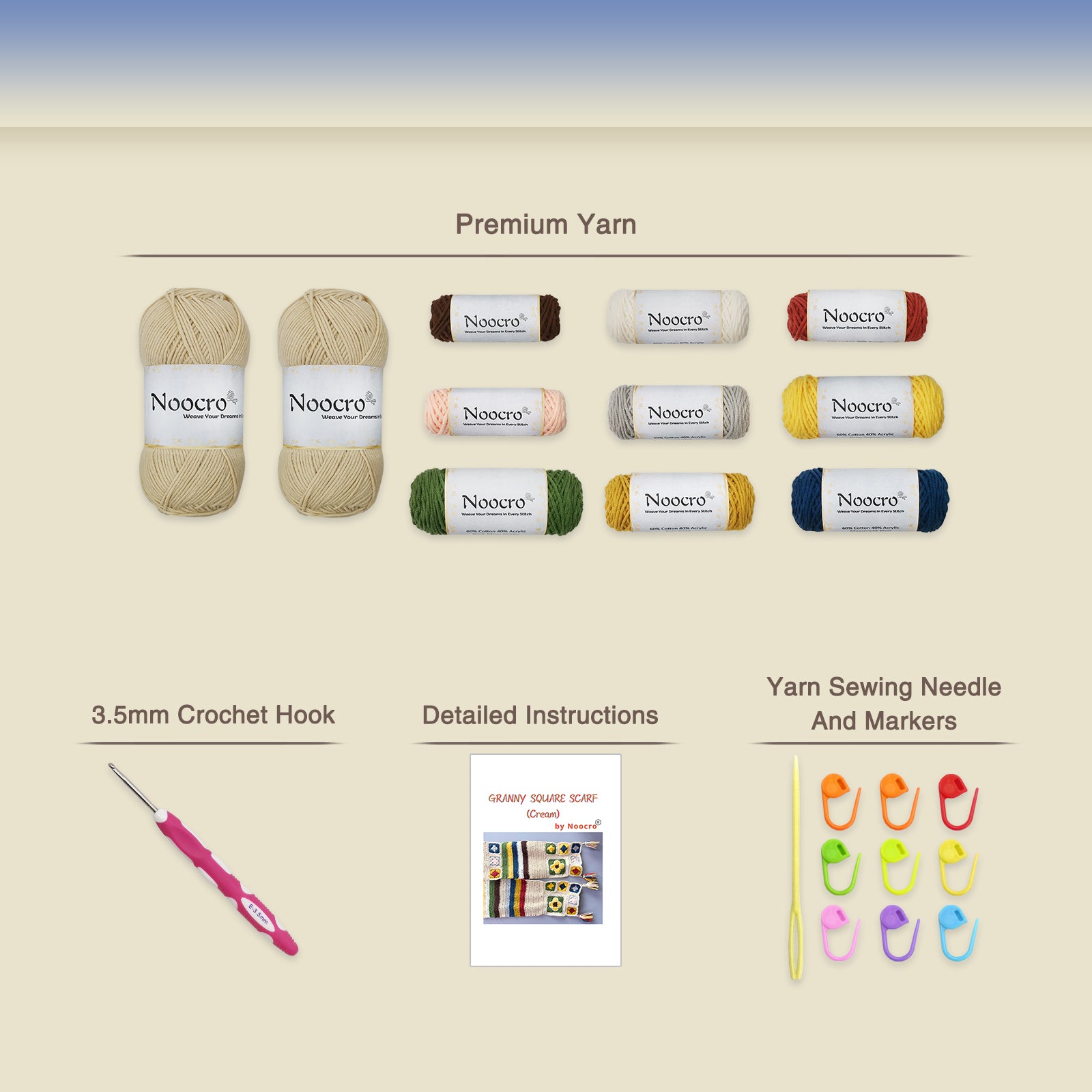 Creamy Granny Square Scarf Crochet Kit supplies including premium yarn, 3.5mm crochet hook, instruction booklet, yarn needle, and stitch markers