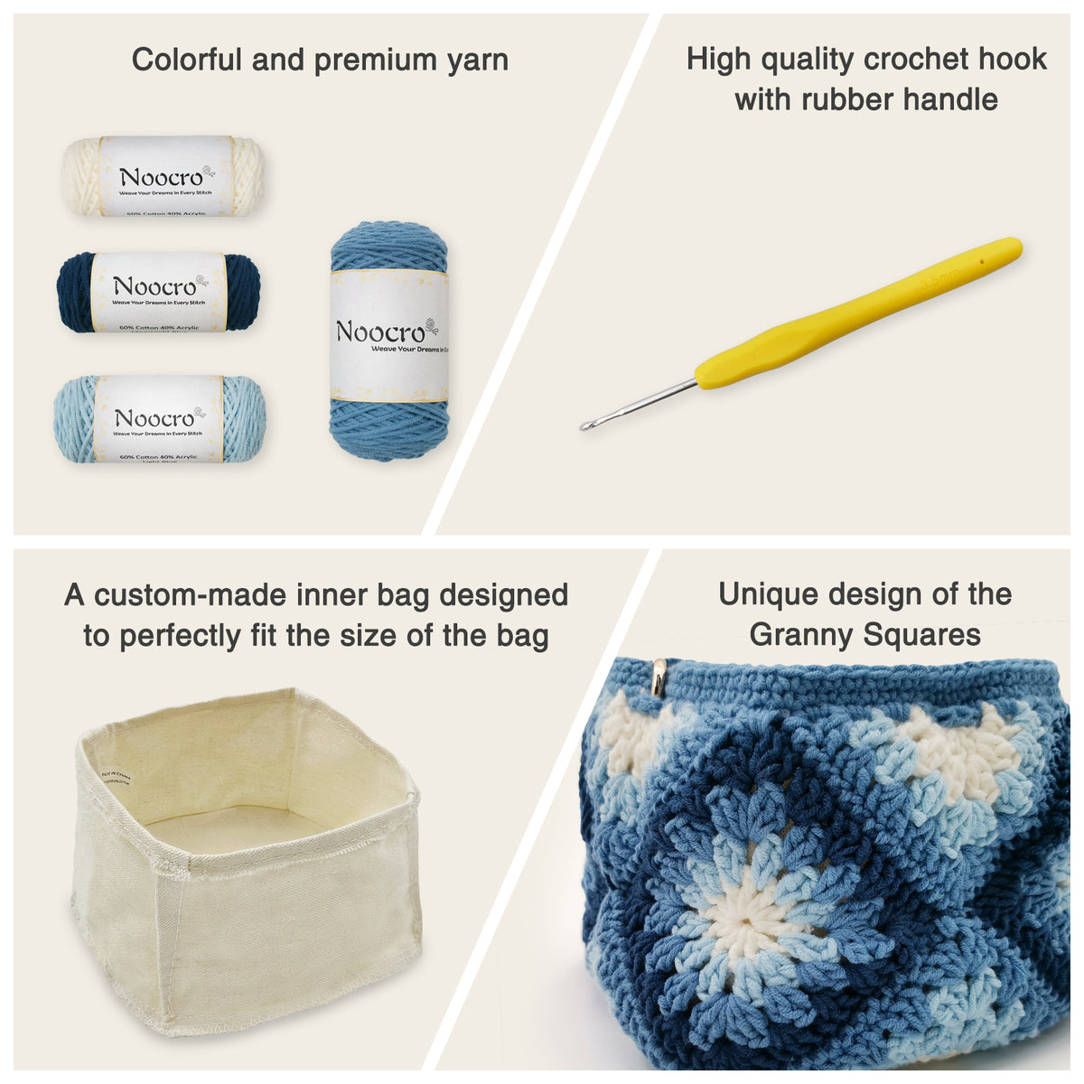 Granny square crochet kit product view 20 for Sunflower Granny Square Crochet Bag Kit, with Woolique craft details