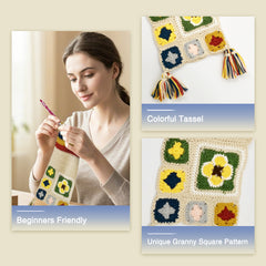Granny Square Scarf Crochet Kit – Complete Yarn Kit with Crochet Hook, Markers, and Other Accessories, Detailed Instruction & Video Tutorial – for Intermediate or Ambitious Beginners