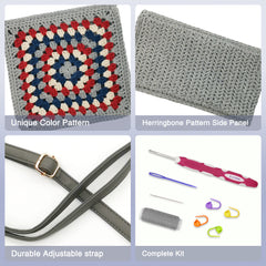 Crochet Kit Granny Square Crochet Bag Kit – DIY Felt Purse with Hook, Wool Yarn, Markers, Guide & Video – for Intermediate or Ambitious Beginners