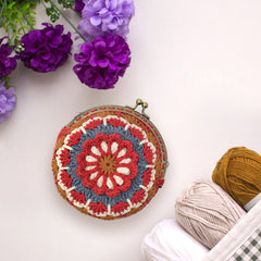 Mandala Crochet Coin Purse Kit with Metal Kiss Clasp – Boho Floral DIY Crochet Bag for Intermediate or Experienced Crocheter, Complete Kit Includes Video Tutorial and Detailed Instructions